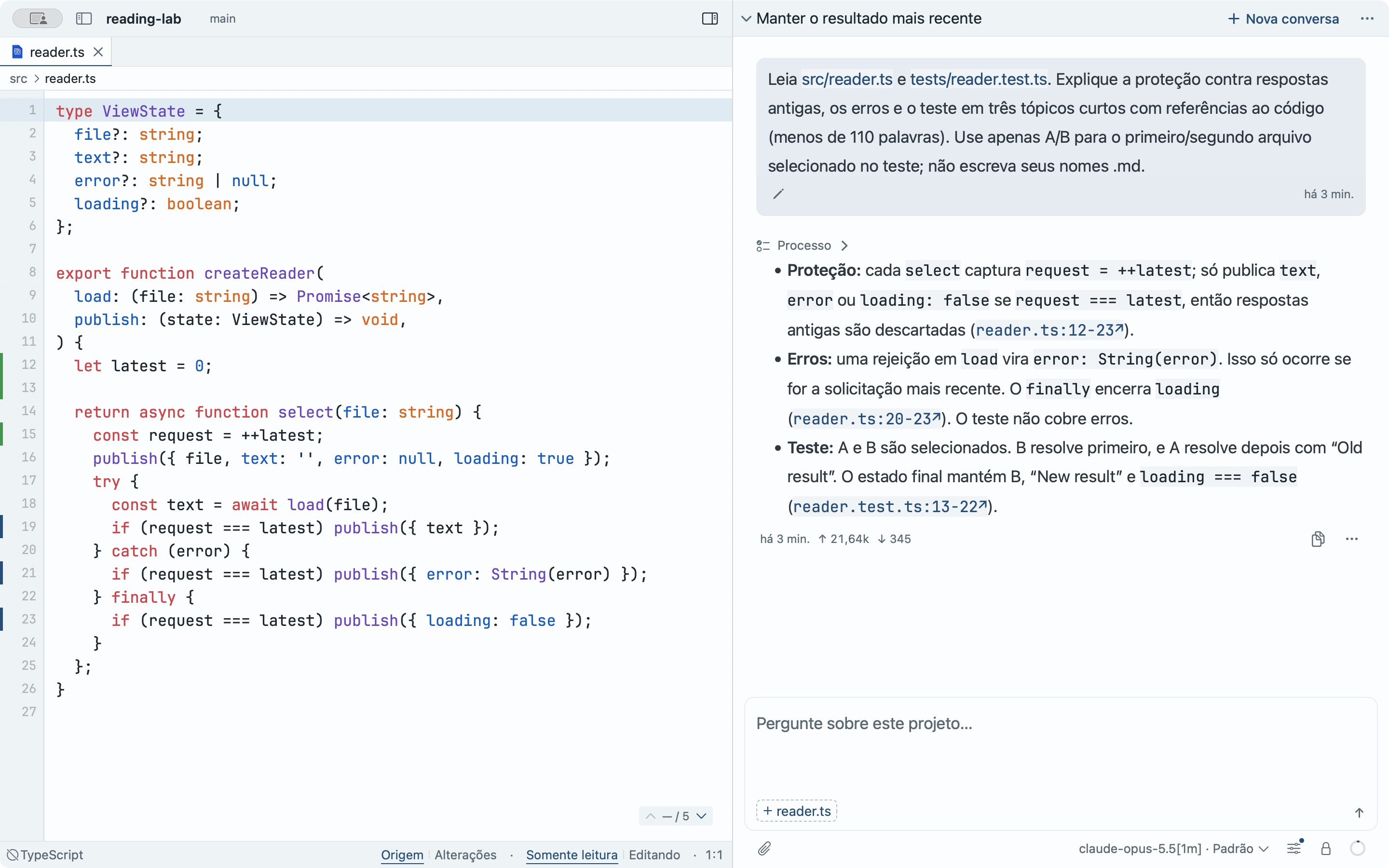 AI Reader com uma resposta que linka para as linhas citadas